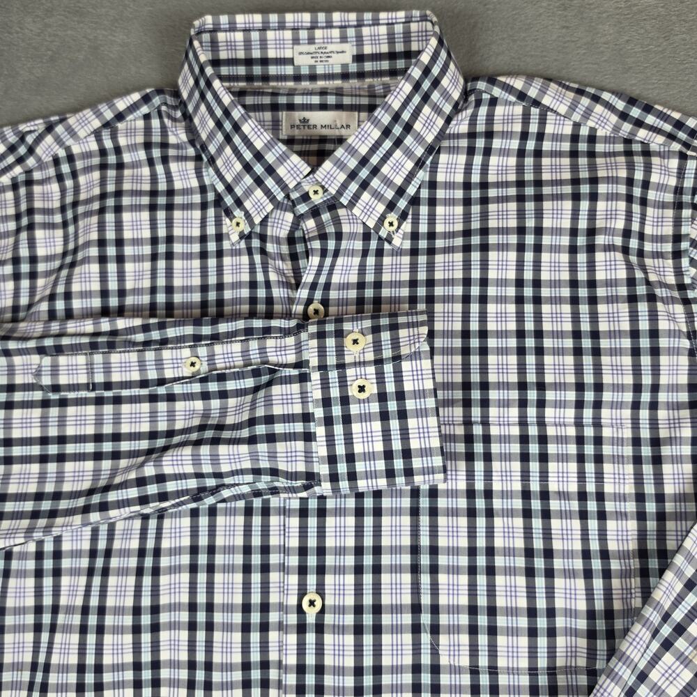 Peter Millar Crown Sport Large Plaid Button Down Shirt Stretch Blue Purple L